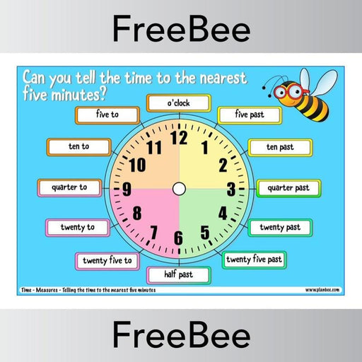 PlanBee Maths Poster: Telling the Time to 5 Minutes | PlanBee FreeBees