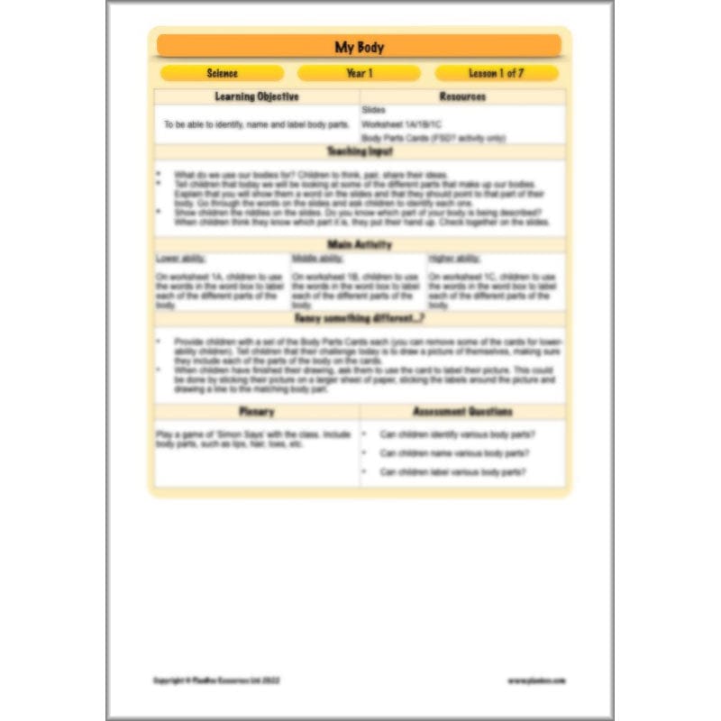 PlanBee Parts of the Body KS1 Science lessons by PlanBee