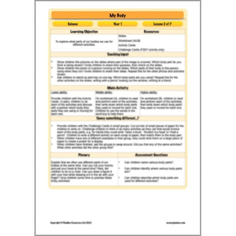 PlanBee Parts of the Body KS1 Science lessons by PlanBee