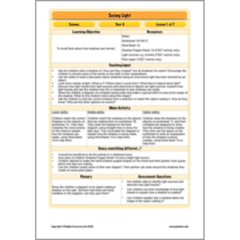 PlanBee Seeing Light KS2 Planning Pack | Year 6 Science Lessons