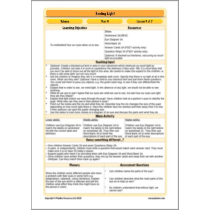 PlanBee Seeing Light KS2 Planning Pack | Year 6 Science Lessons