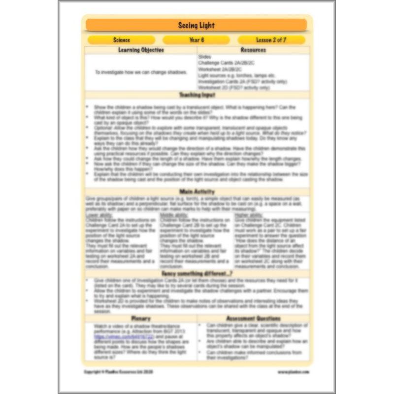 PlanBee Seeing Light KS2 Planning Pack | Year 6 Science Lessons