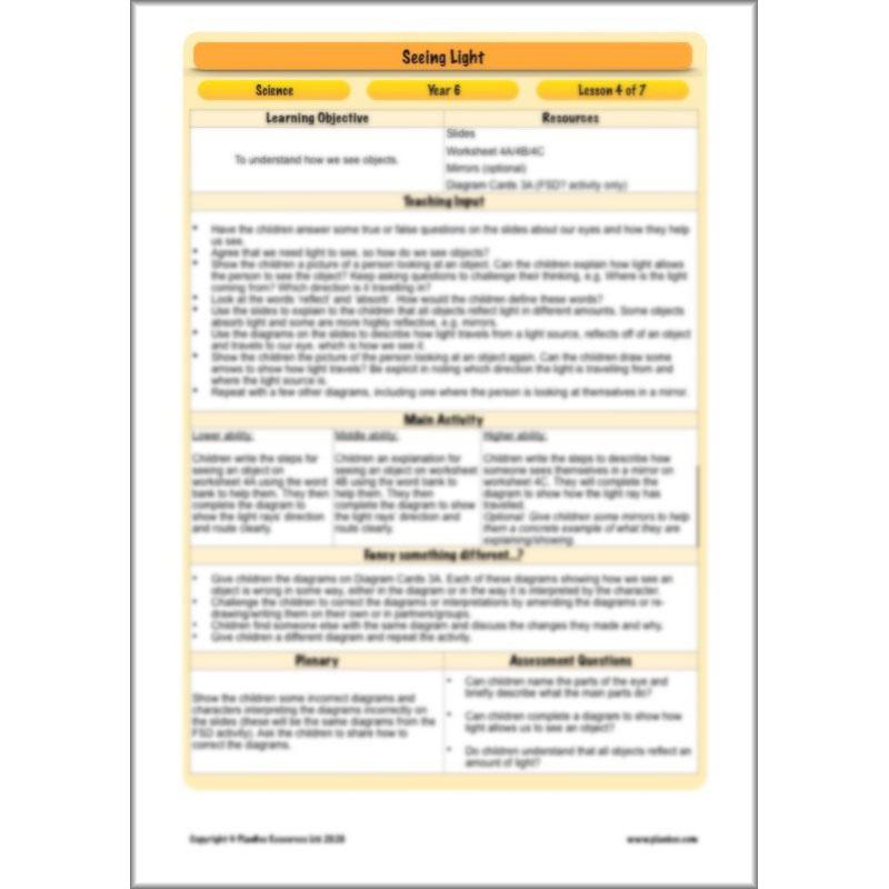 PlanBee Seeing Light KS2 Planning Pack | Year 6 Science Lessons