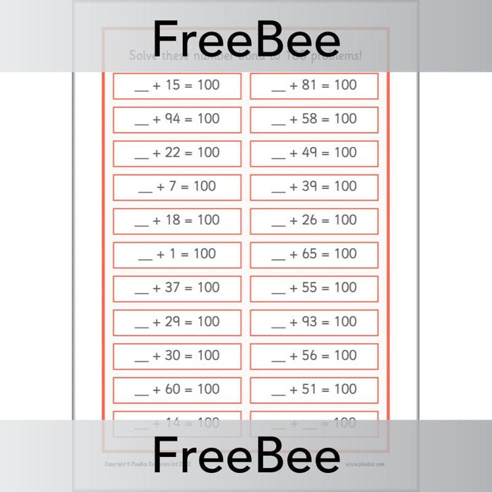 PlanBee FREE Number Bonds to 100 Worksheet by PlanBee