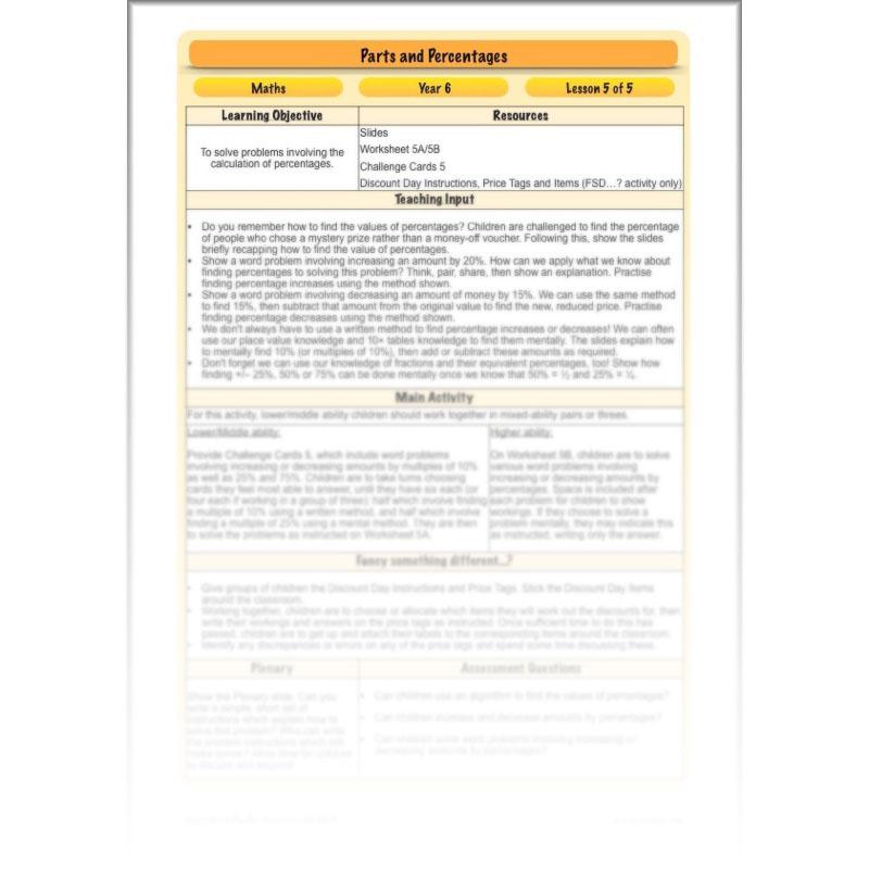 PlanBee Parts and Percentages: Year 6 ratio and proportion