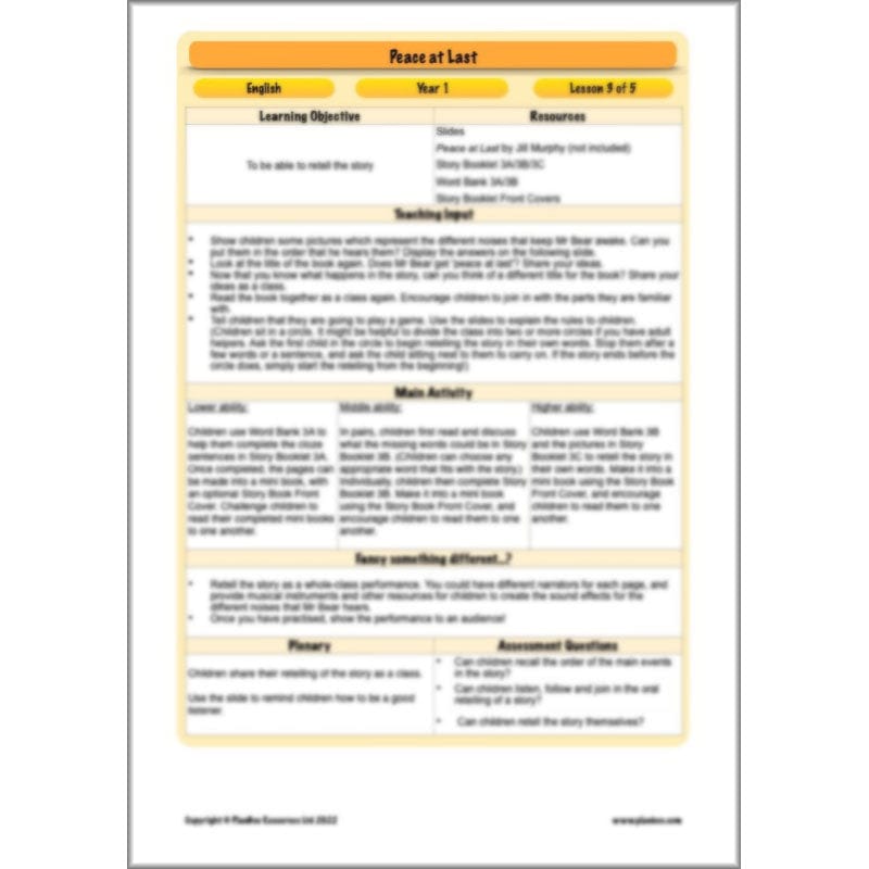 PlanBee Peace at Last Activities KS1 Planning | Year 1 English lessons