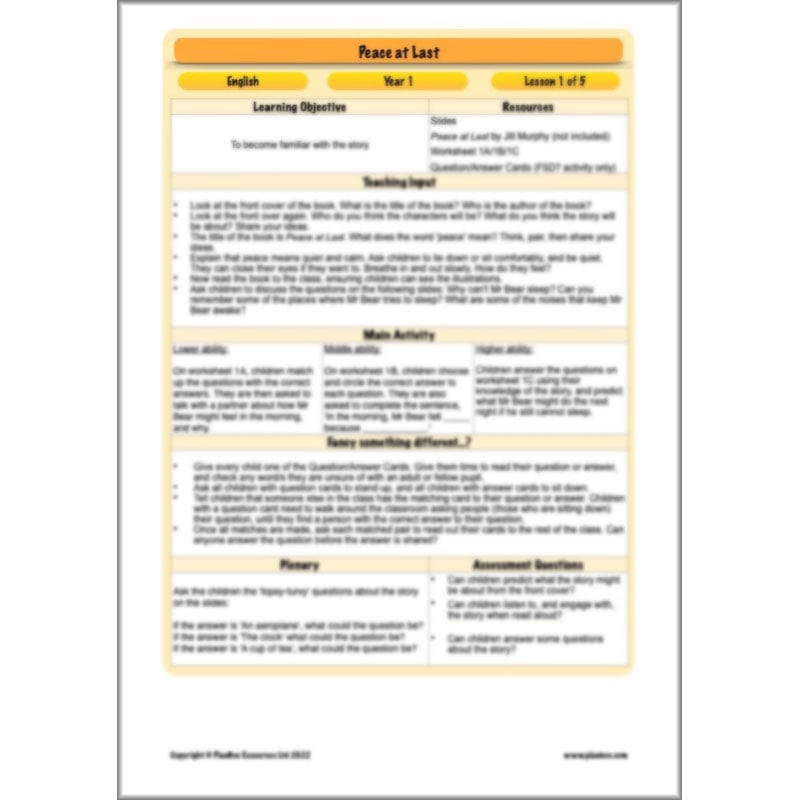 PlanBee Peace at Last Activities KS1 Planning | Year 1 English lessons