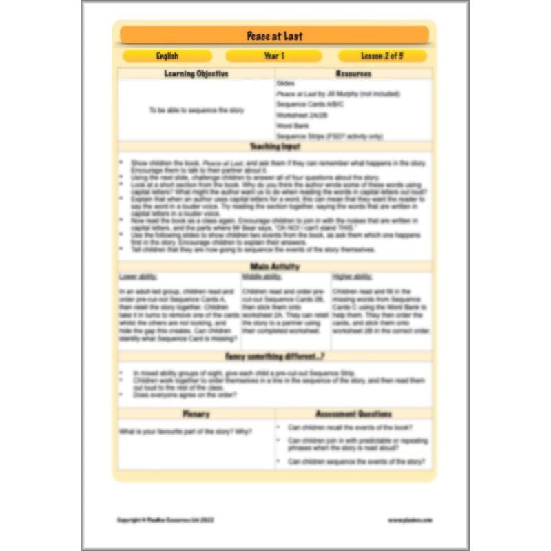PlanBee Peace at Last Activities KS1 Planning | Year 1 English lessons