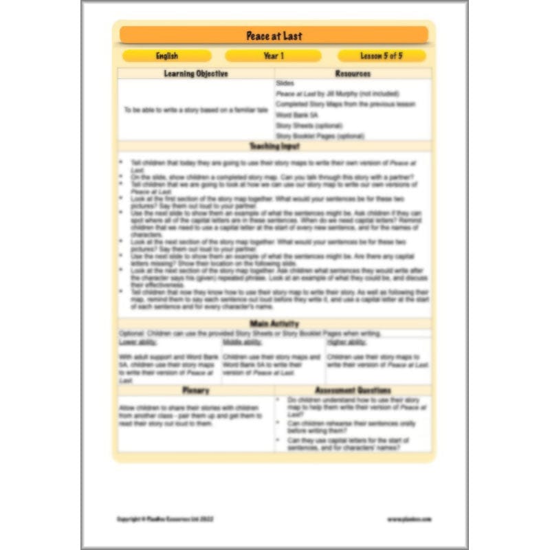 PlanBee Peace at Last Activities KS1 Planning | Year 1 English lessons