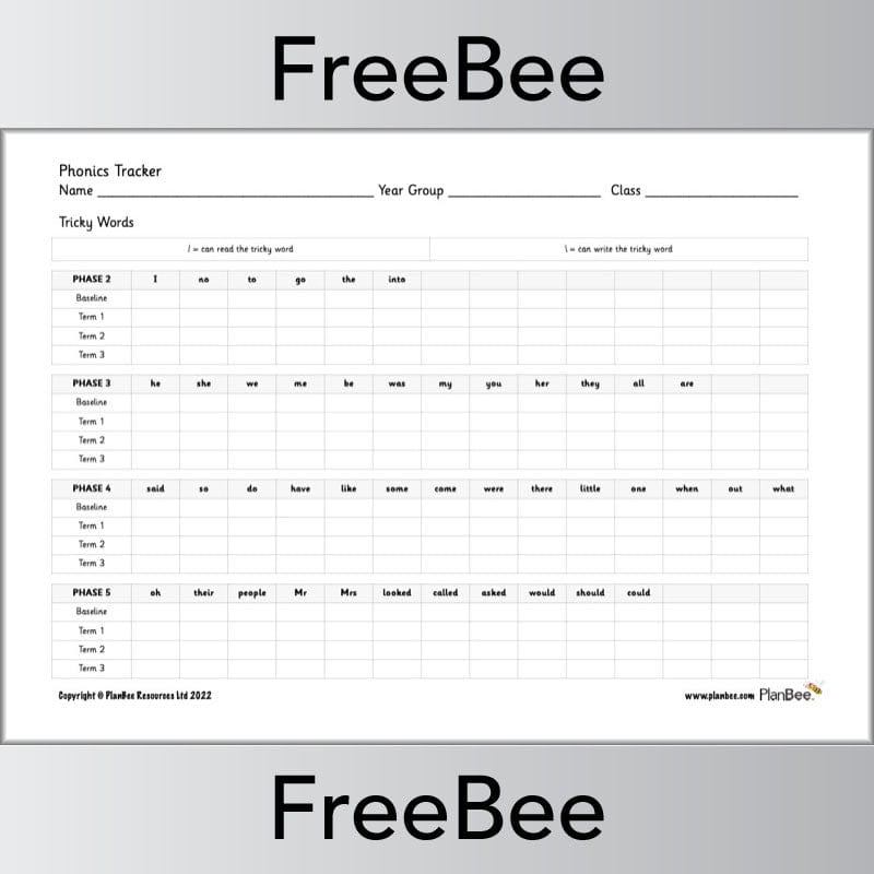 Free Downloadable Phonics Tricky Word Tracker by PlanBee