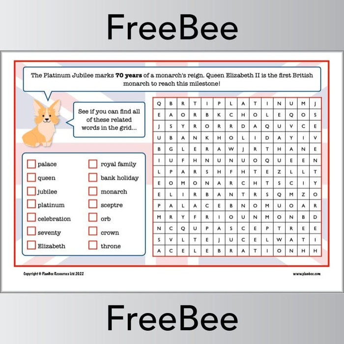 PlanBee FREE Platinum Jubilee Word Search by PlanBee