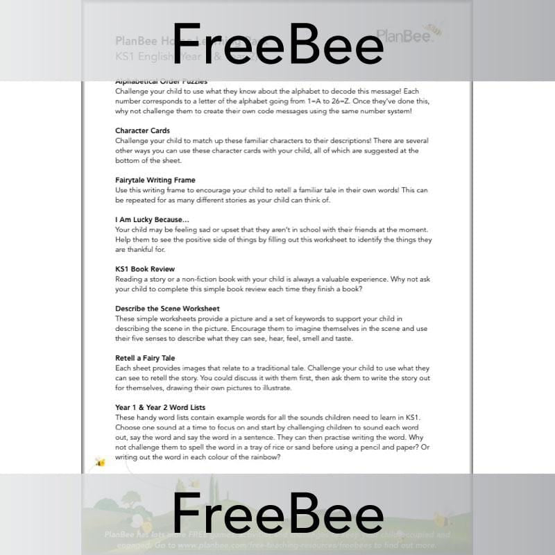 PlanBee KS1 English Home Learning Activities for Year 1 & Year 2