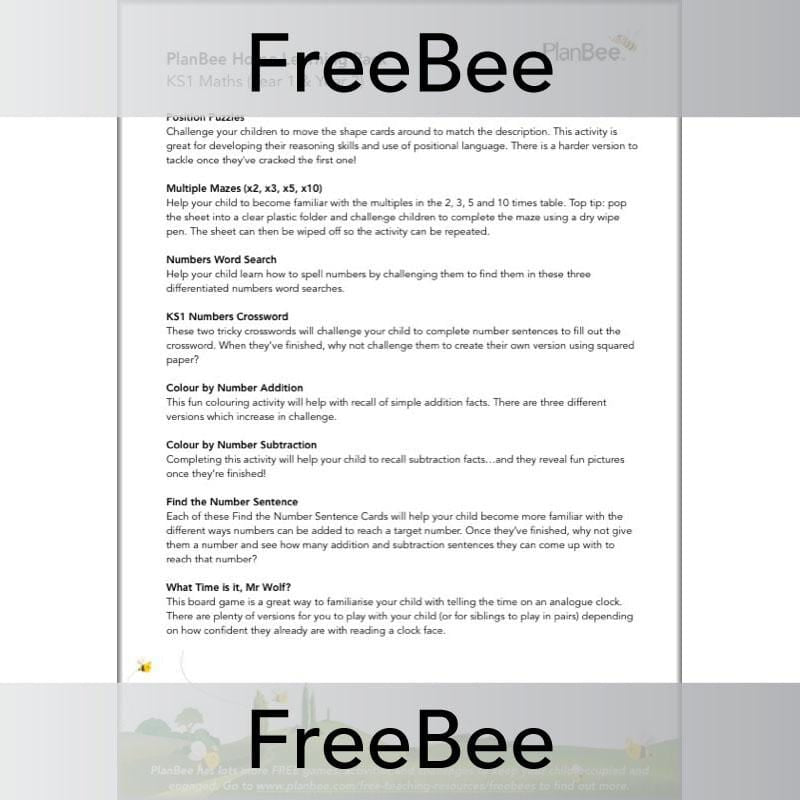 PlanBee KS1 Maths Home Learning Activites for Year 1 & Year 2