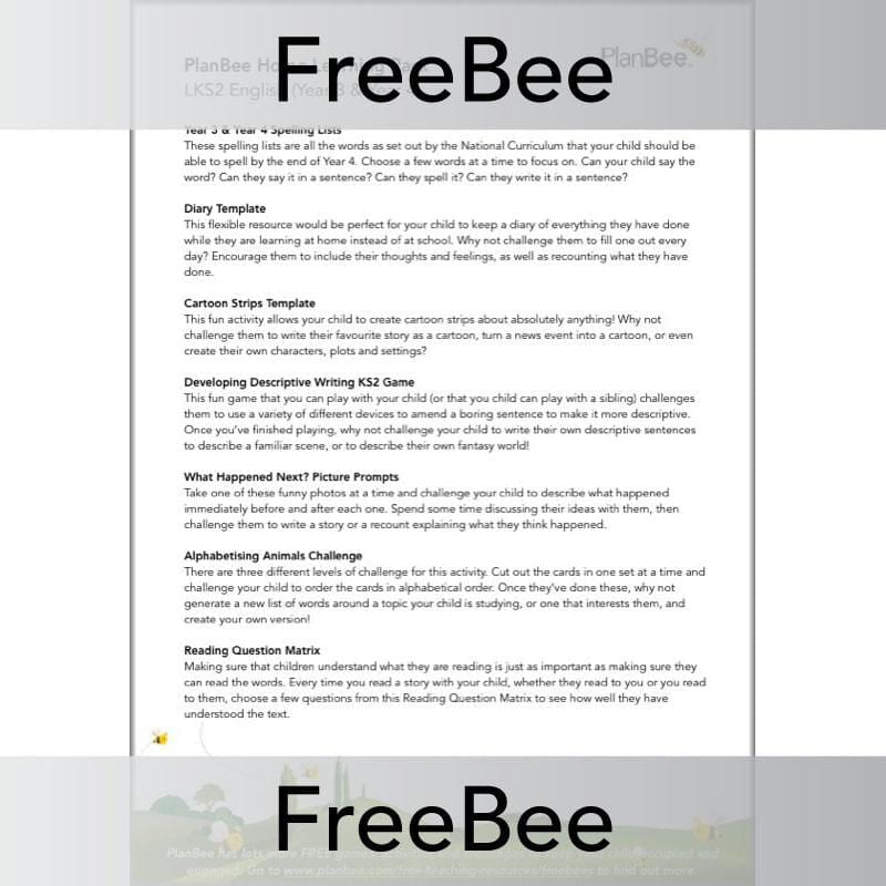 PlanBee Lower KS2 English Home Learning Activities for Year 3 & Year 4