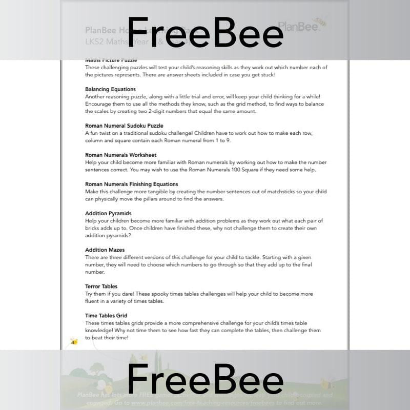 PlanBee KS2 Maths Home Learning Activites for Year 3 & Year 4