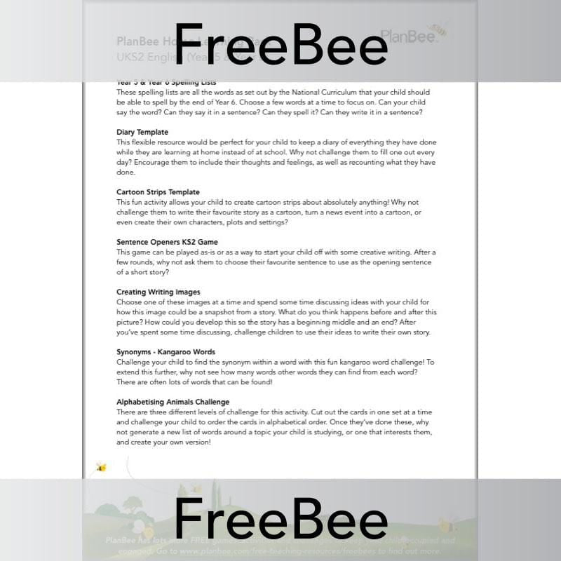 PlanBee Upper KS2 English Home Learning Activities for Year 5 & Year 6