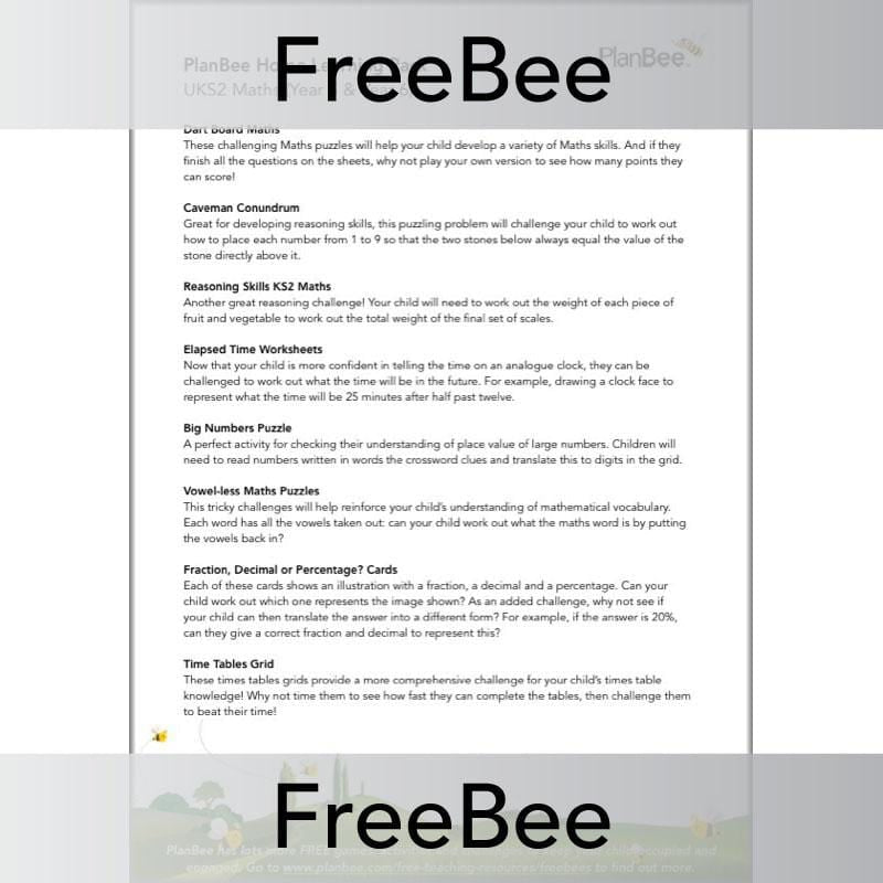 PlanBee KS2 Maths Home Learning Activites for Year 5 & Year 6