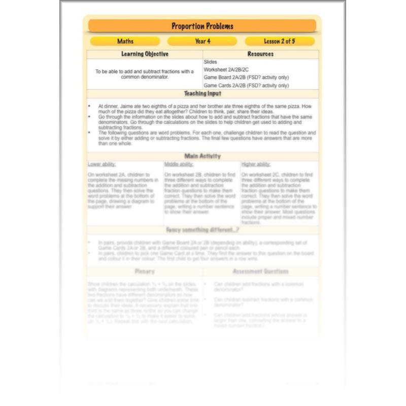 PlanBee Proportion Problems: Year 4 fractions problem solving