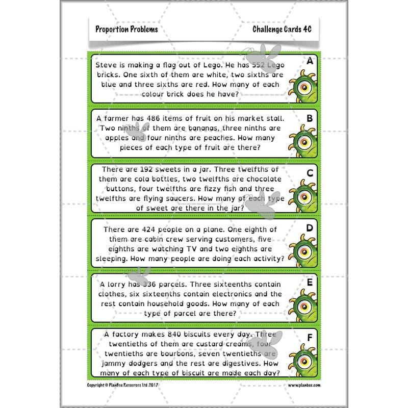 PlanBee Proportion Problems: Year 4 fractions problem solving