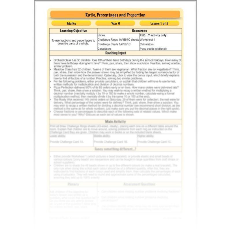 PlanBee Ratio, Percentages and Proportion: Year 6 Maths