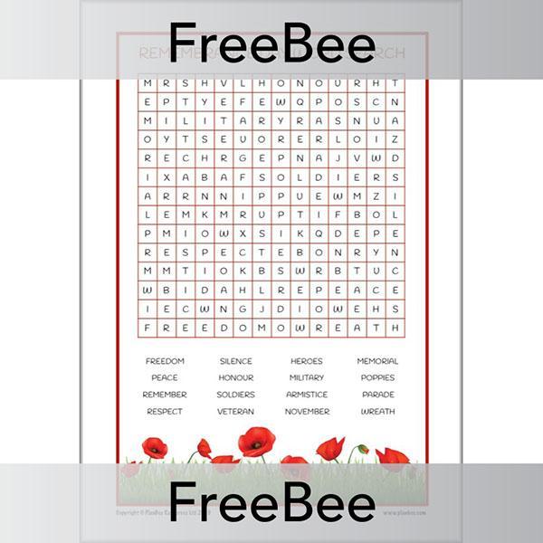 PlanBee FREE Remembrance Day Word Search for Primary Children