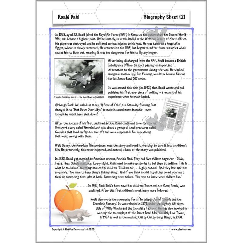 PlanBee Roald Dahl Biography KS2 | Special People Lesson Pack by PlanBee