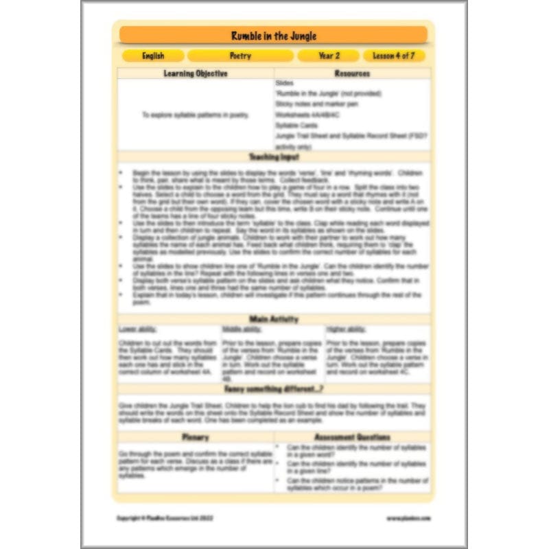 PlanBee Rumble in the Jungle Year 2 animal poetry lessons by Planbee