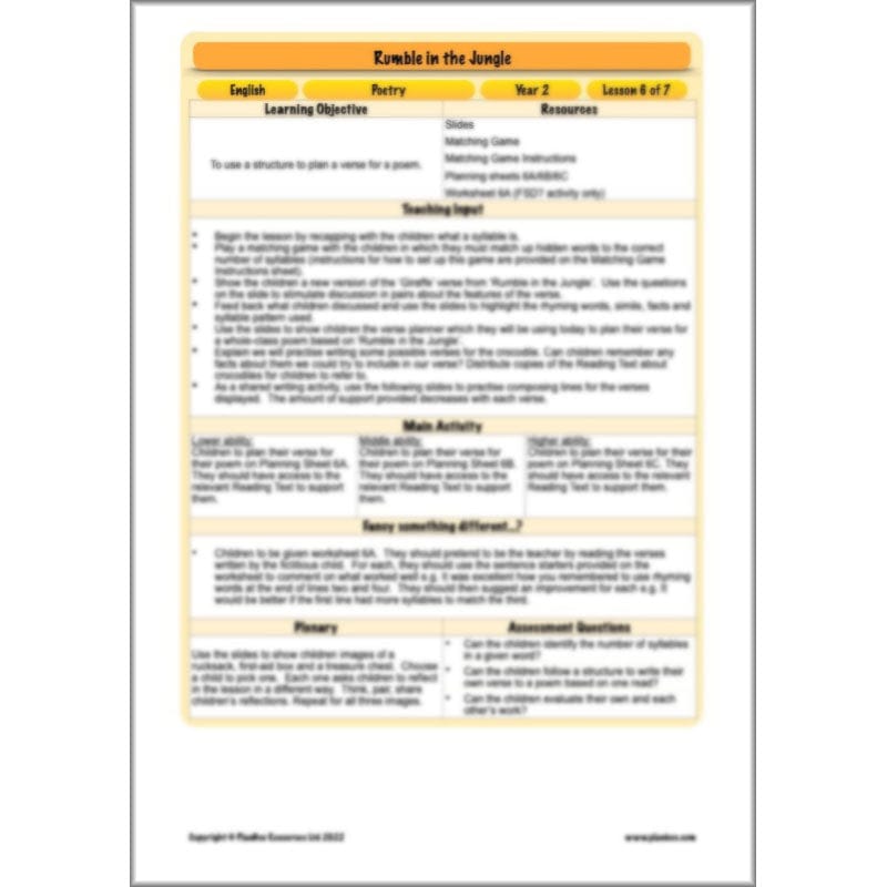 PlanBee Rumble in the Jungle Year 2 animal poetry lessons by Planbee