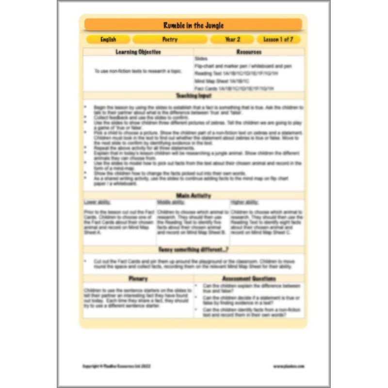 PlanBee Rumble in the Jungle Year 2 animal poetry lessons by Planbee