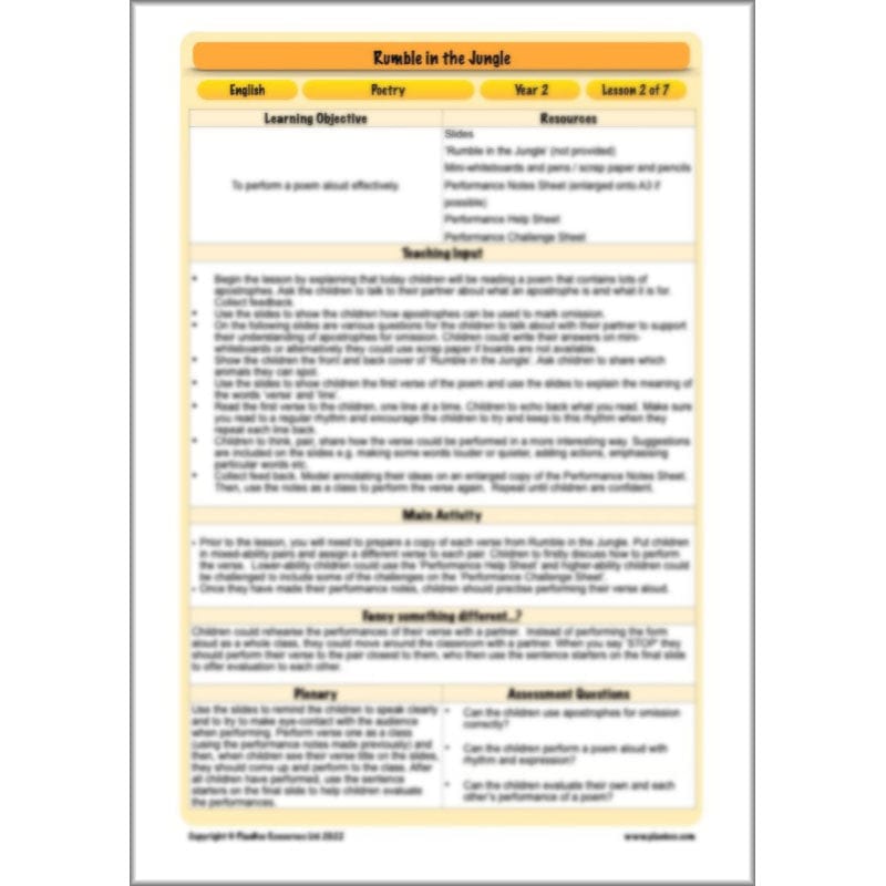 PlanBee Rumble in the Jungle Year 2 animal poetry lessons by Planbee