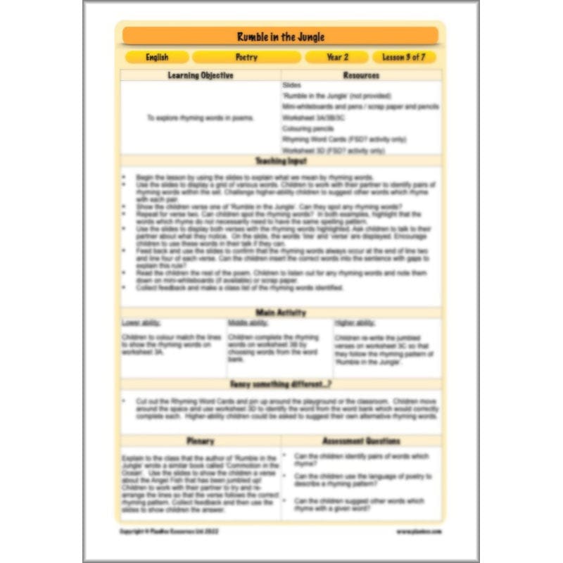 PlanBee Rumble in the Jungle Year 2 animal poetry lessons by Planbee