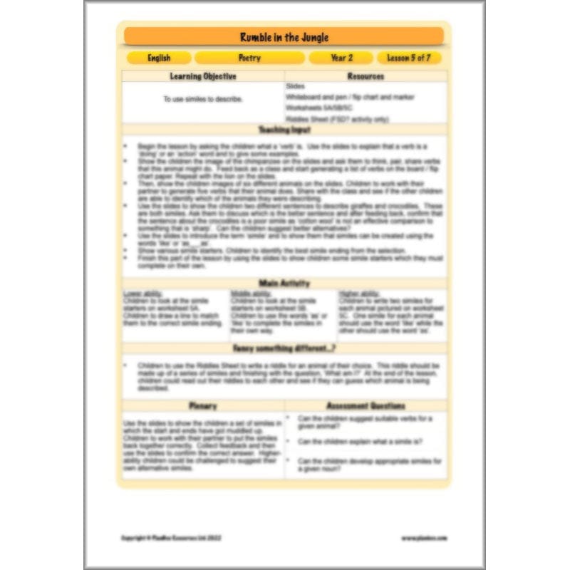 PlanBee Rumble in the Jungle Year 2 animal poetry lessons by Planbee