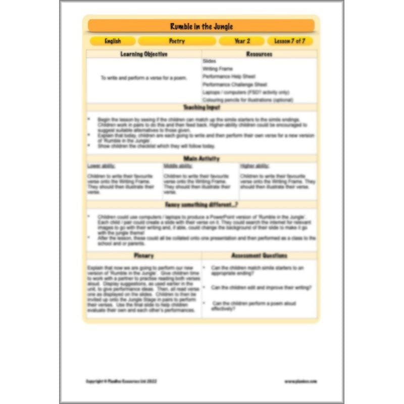 PlanBee Rumble in the Jungle Year 2 animal poetry lessons by Planbee