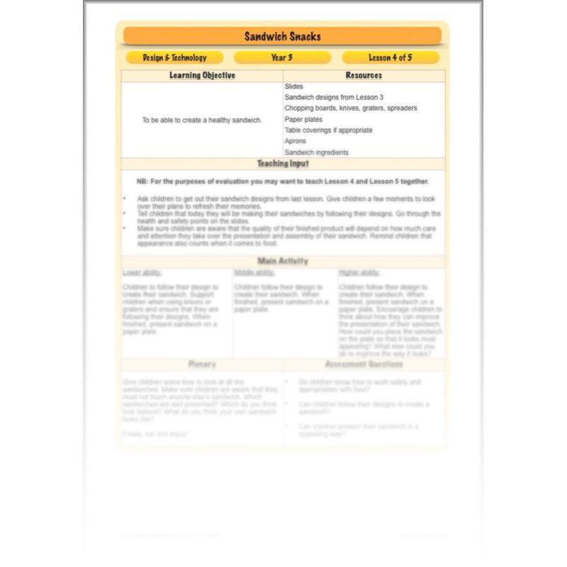 PlanBee Sandwich Snacks Year 3 DT Lesson Planning Pack