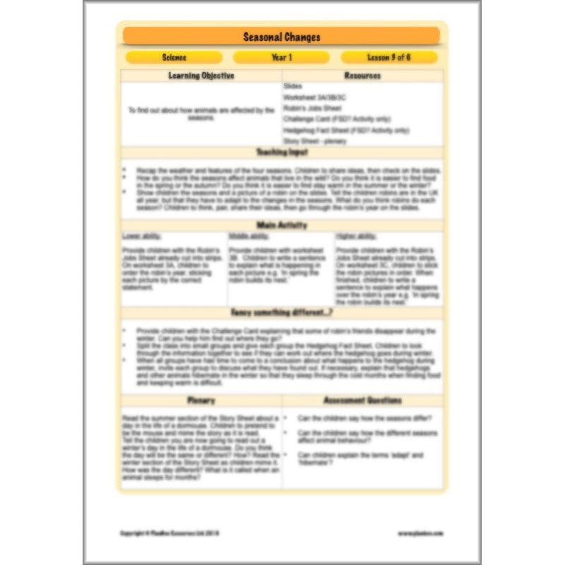 PlanBee Seasonal Changes Year 1 Science Lesson Plans for KS1