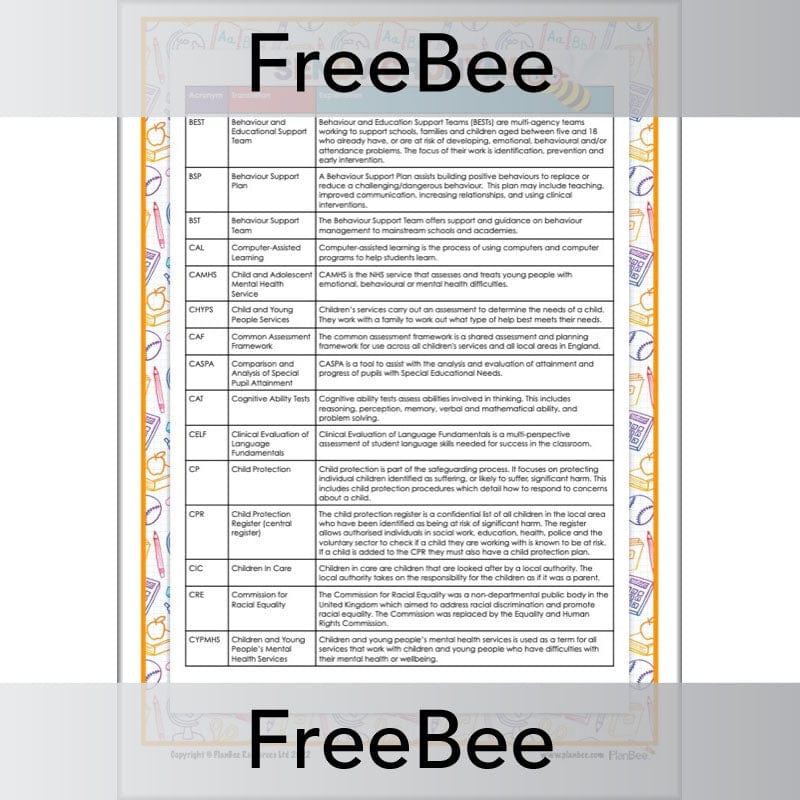 PlanBee Free downloadable guide to SEN Acronyms by PlanBee