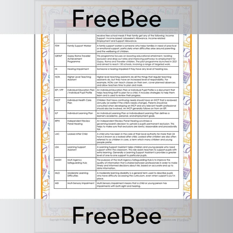 PlanBee Free downloadable guide to SEN Acronyms by PlanBee