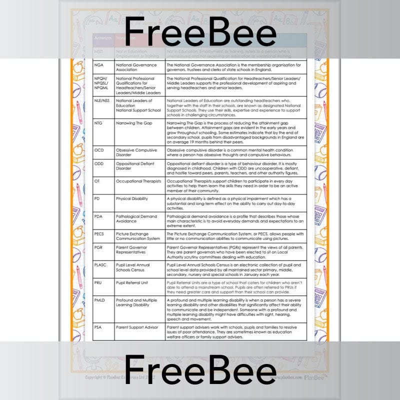PlanBee Free downloadable guide to SEN Acronyms by PlanBee