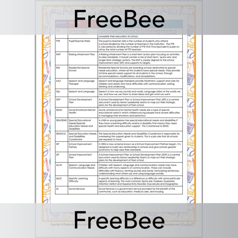 PlanBee Free downloadable guide to SEN Acronyms by PlanBee