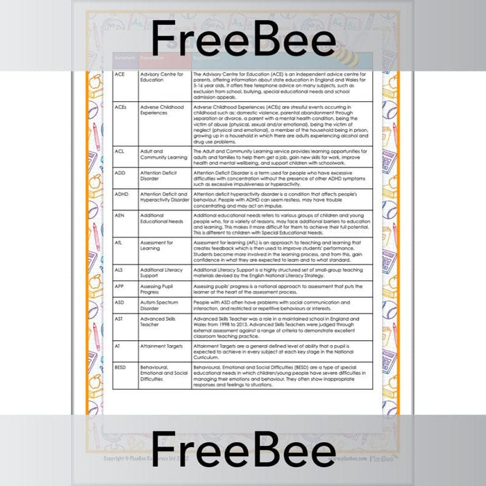 PlanBee Free downloadable guide to SEN Acronyms by PlanBee