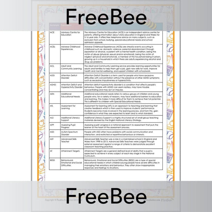 Free downloadable guide to SEN Acronyms by PlanBee