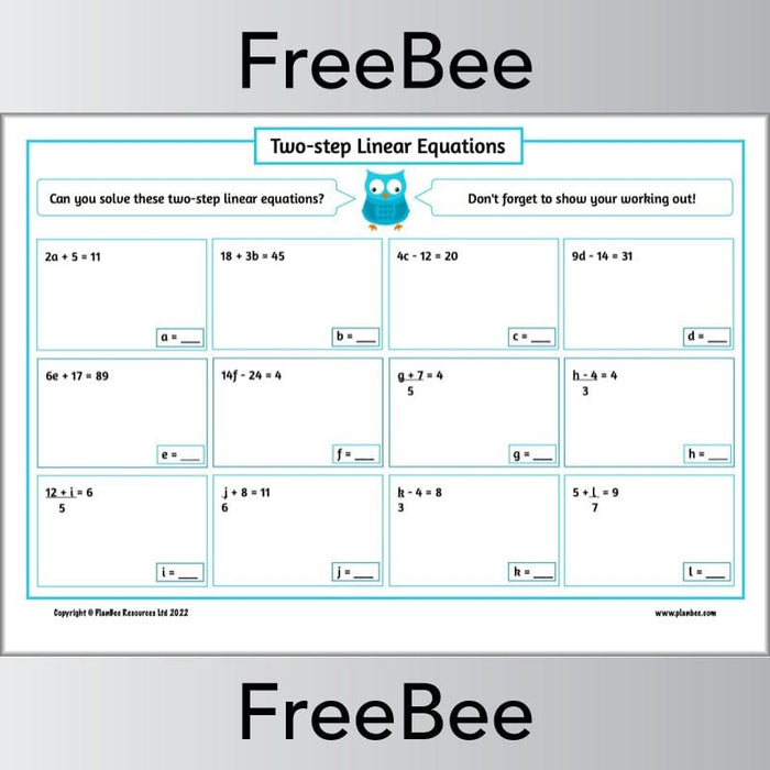 PlanBee FREE Solving Linear Equations Worksheet | PlanBee