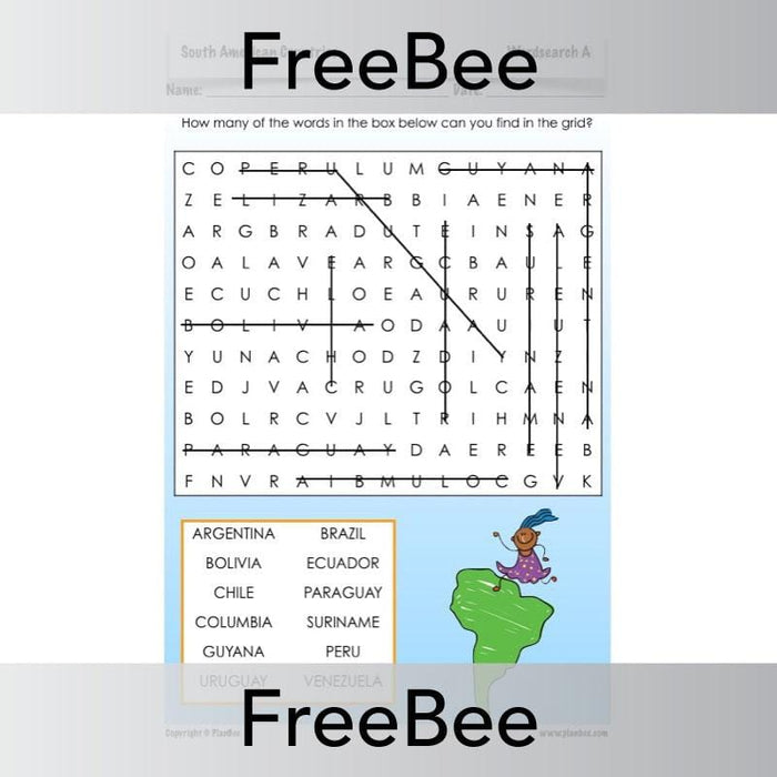 PlanBee FREE South America Word Search by PlanBee