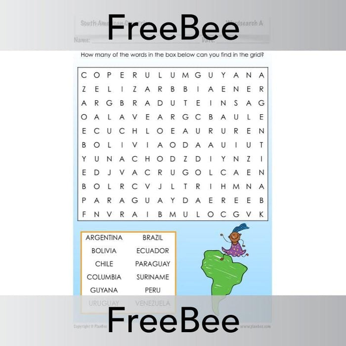South America Word Search FREE PDF by PlanBee