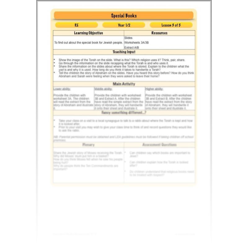 PlanBee Exploring Special Books KS1 RE downloadable lesson pack
