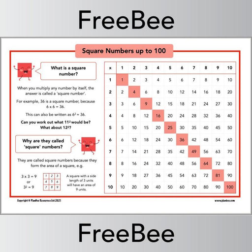 FREE Square Numbers up to 100 Grid by PlanBee
