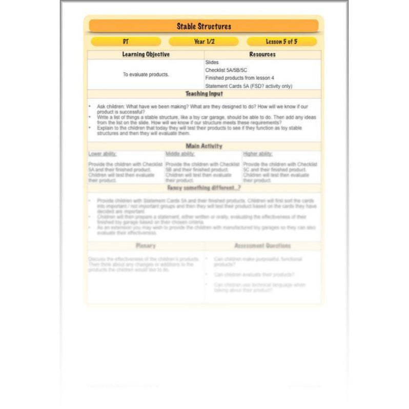 Stable Structures KS1 DT Lessons by PlanBee
