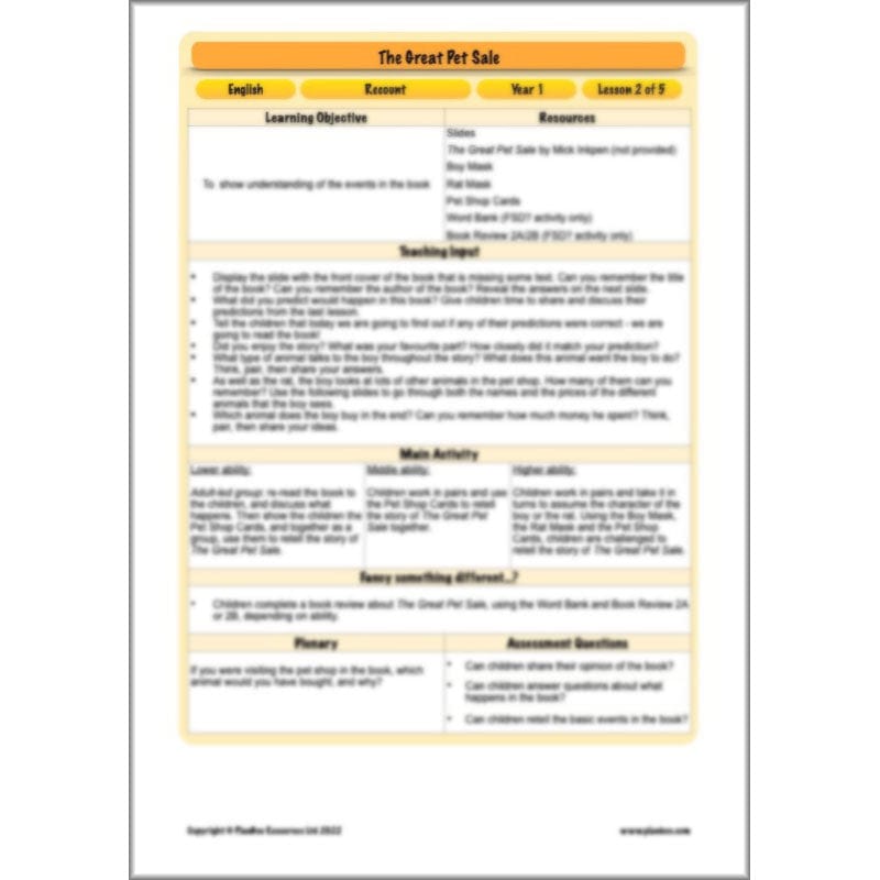 PlanBee The Great Pet Sale Resources KS1 | Year 1 English | PlanBee