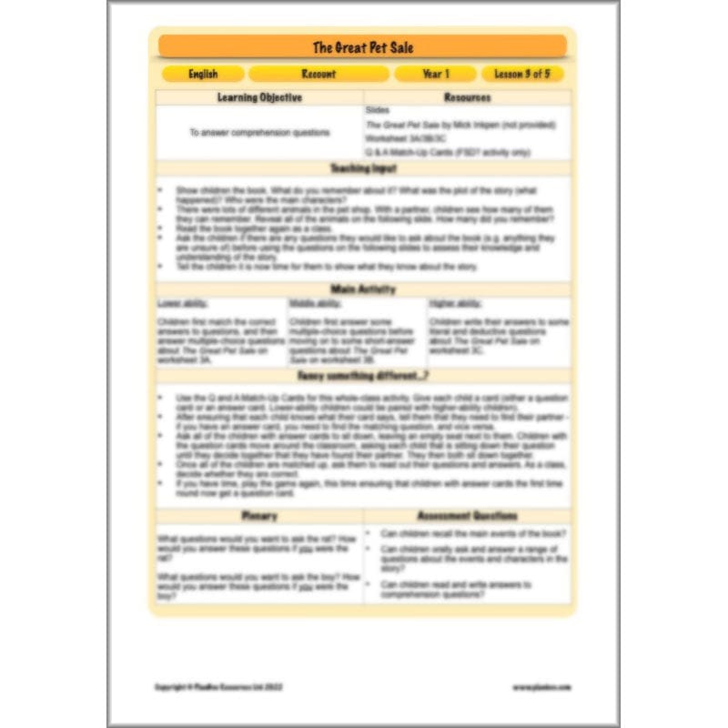 PlanBee The Great Pet Sale Resources KS1 | Year 1 English | PlanBee