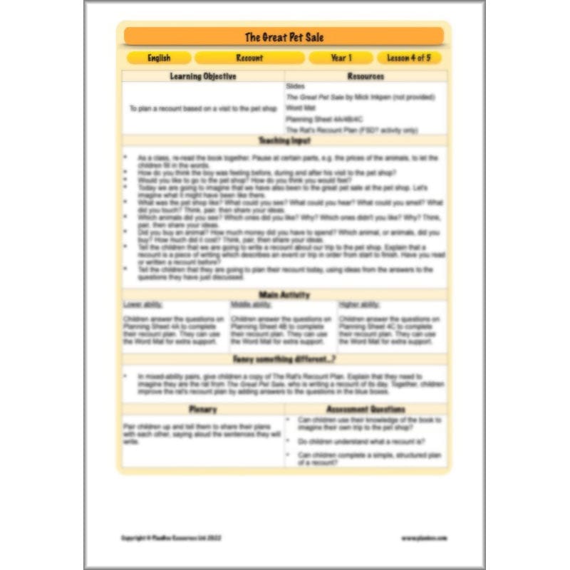 PlanBee The Great Pet Sale Resources KS1 | Year 1 English | PlanBee